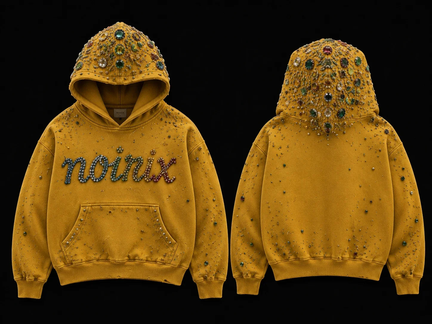 NOIRIX Fully Jeweled Hoodie in Gold, front and back