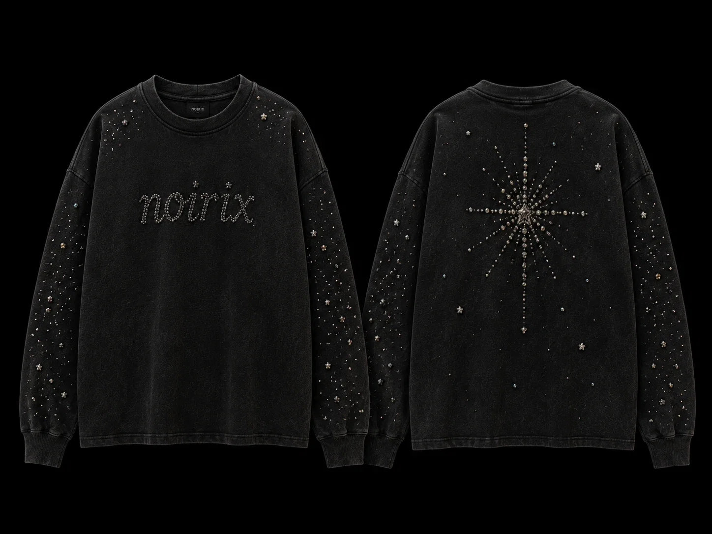 NOIRIX Star Crewneck in Washed Black, front and back