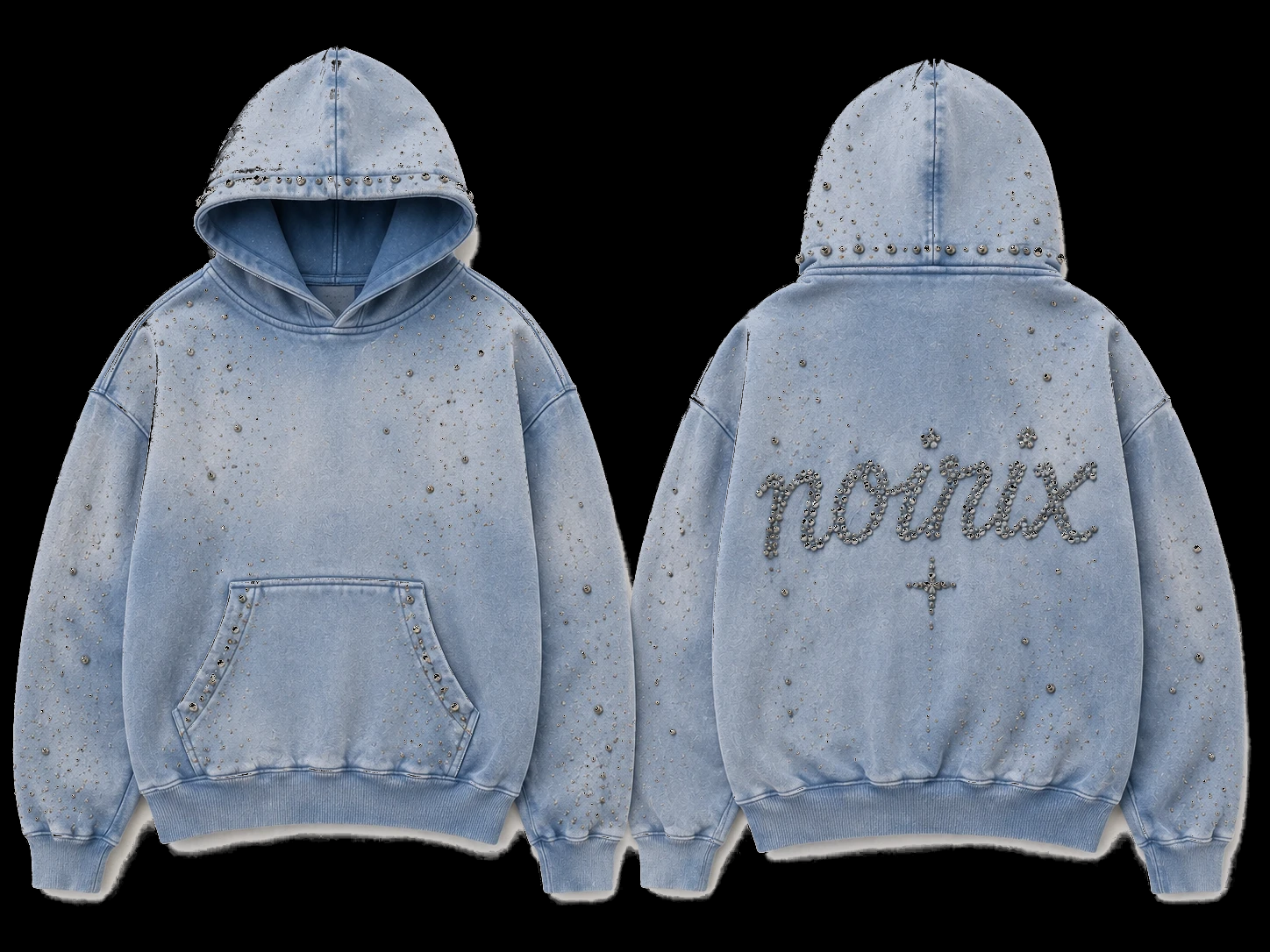 NOIRIX Star Pullover Hoodie in Washed Blue, front and back