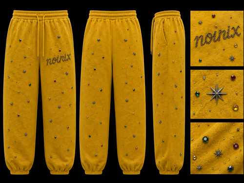 NOIRIX Star Sweatpants in Gold, front, back and side with rhinestone detail