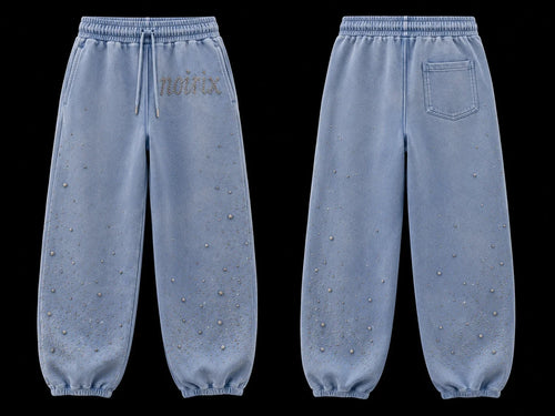 NOIRIX Star Sweatpants in Washed Blue, front and back